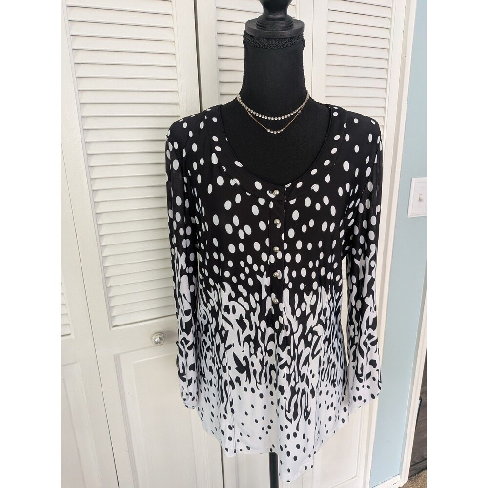 Milano Tunic Women’s L Artsy Black White Abstract Pullover Roll Tab Slv Blouse